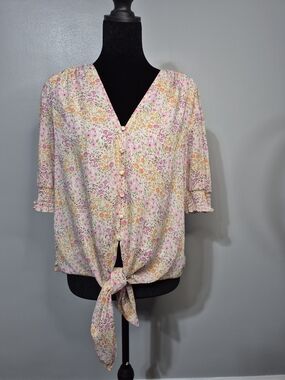 Tamara H Floral Tie Front Blouse Gold Thread Smocked Sleeve Top Large